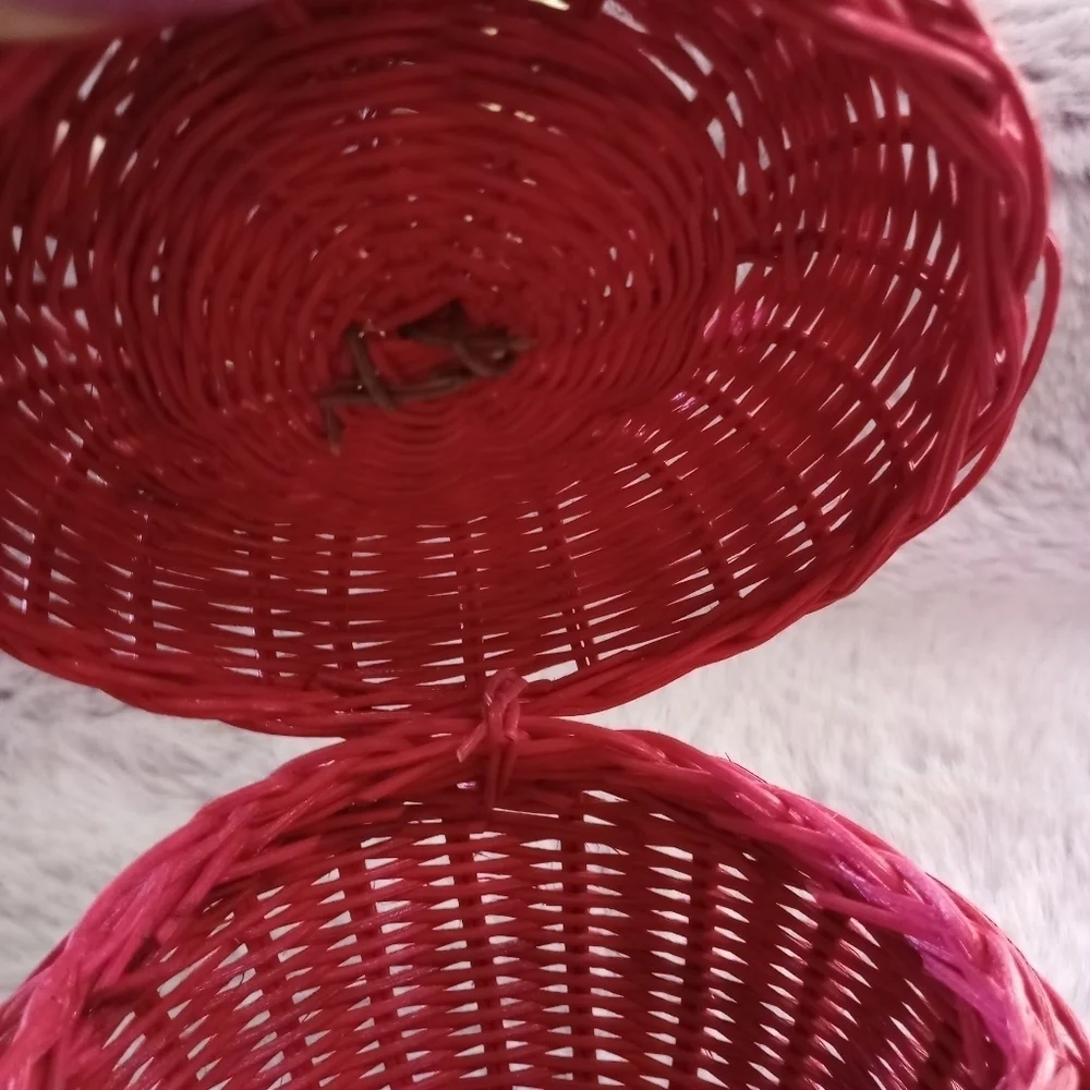 Vintage Red Green Wicker Apple Storage Container Attached Lid
